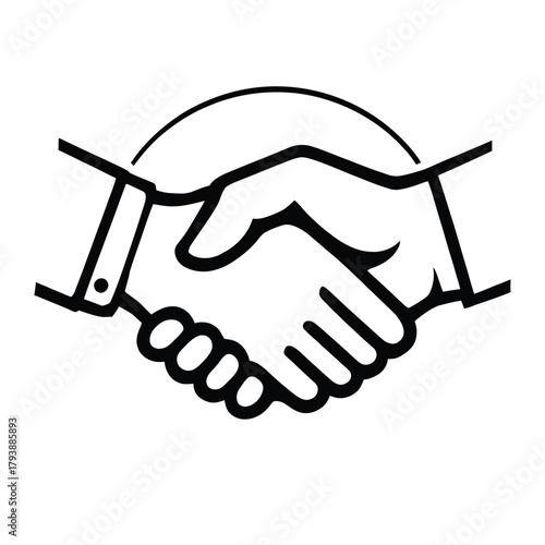Black and white handshake illustration with cuffed and plain hands  symbol of partnership, agreement, and business cooperation