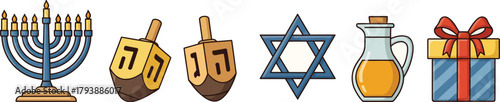 set of  vector icons for the Jewish holiday of Hanukkah, including a menorah, dreidel, and gift box