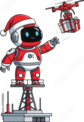 Robot in spacesuit and santa hat on platform with drone delivering gift