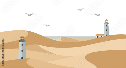 Sandy desert landscape with two lighthouses guiding ships by the sea under a clear sky with birds flying