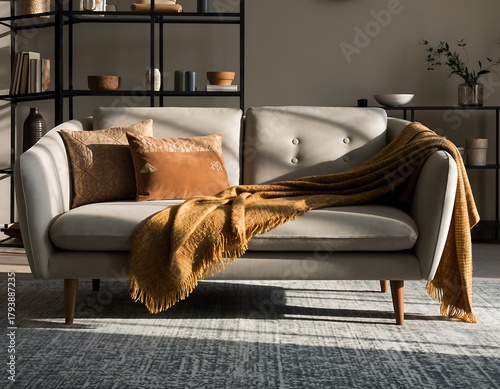 Stylish living room decor showcasing cozy couch with throw blanket and pillows creating inviting space for relaxation and quiet reading time at home