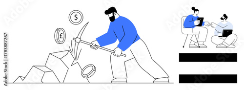 Person striking rocks with a pickaxe releases coins. Seated figures discuss digital assets. Ideal for finance, cryptocurrency, investment, teamwork, brainstorming, wealth generation, simple flat