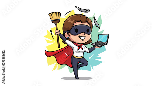 Funny Super Mom Chibi Vector Mascot Illustration Juggling Work and Household Chores