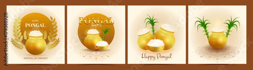 Happy Pongal greeting card set with sugarcane, rice pots, rangoli. Tamil Nadu harvest celebration, hindu cultural holiday, indian agriculture festival, festive poster. Vector illustration
