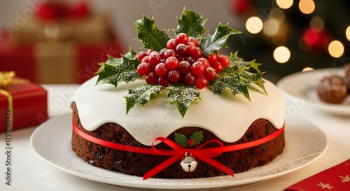 Traditional christmas fruitcake decorated with holly and berries