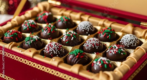 Festive chocolate truffles arranged in a decorative red gift box