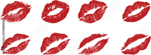 Red lipstick kiss marks collection in seamless scattered layout, romantic lip print pattern ideal for beauty, valentine themes, fashion designs, and modern decorative graphics.