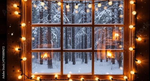Cozy winter scene through a window adorned with twinkling lights