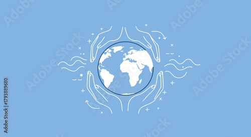 Hands cradling the planet Earth in a delicate line art style. A symbol of global protection, conservation, and unity