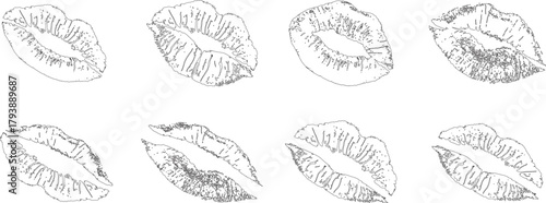 Set of detailed lipstick kiss sketches in black line art on white background, showing multiple lip imprints with textured contours. Hand-drawn style ideal for fashion, romance, and beauty designs.