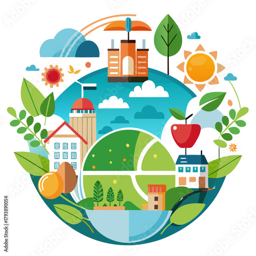 Ecofriendly city concept with sustainable buildings, renewable energy, and green spaces