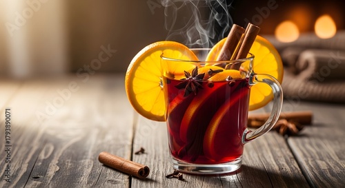 Steaming mulled wine with orange slices and cinnamon sticks on rustic wood