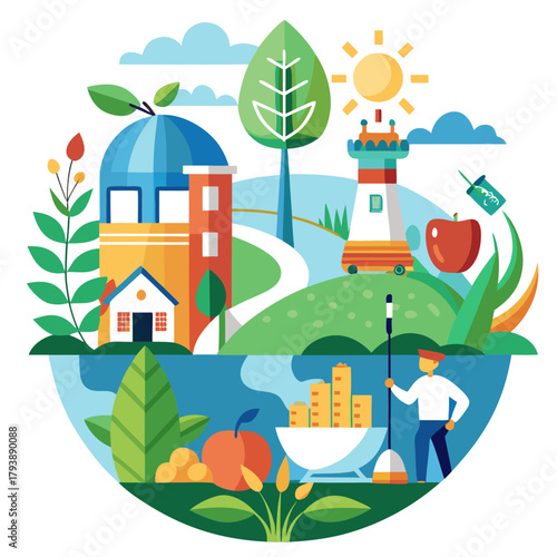 Splitlevel illustration depicting a farm and a lighthouse on a green hill above a scene with a person cleaning, symbolizing hard work and healthy living