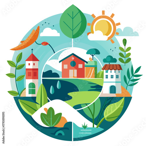 Circular illustration depicting a vibrant and diverse ecosystem with houses, lighthouses, and natural elements under a sunny sky