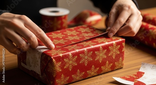 Hands wrapping a gift with festive red and gold patterned paper