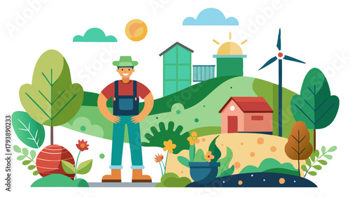Farmer standing in a vibrant green landscape with houses, wind turbine, and plants, symbolizing ecofriendly farming and renewable energy