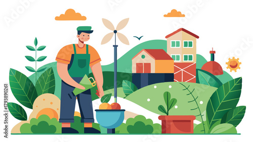 Farmer with a windmill and farm buildings, representing sustainable agriculture and renewable energy in a rural landscape