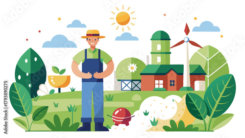 A farmer in a straw hat smiles in front of a farm with a windmill and silo, surrounded by greenery and sunshine