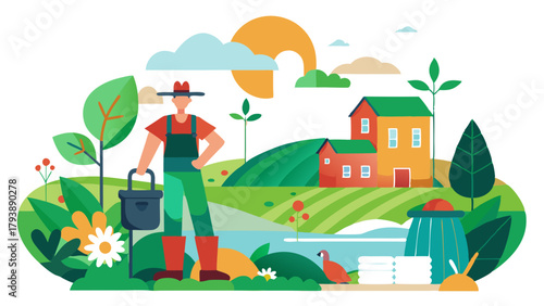 Farmer standing in a vibrant rural landscape with farm buildings, a pond, and a stylized sun, embodying ecofriendly farming