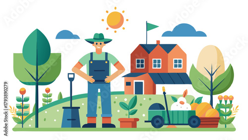 A farmer stands proudly in his garden with a house and trees in the background, under a sunny sky