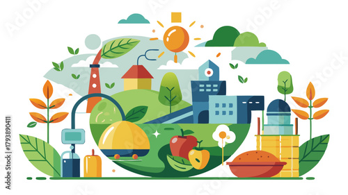 Sustainable city landscape with renewable energy sources, organic food, and green industry, representing ecological balance and ecofriendly living