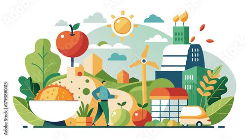 Ecoconscious lifestyle in a futuristic city, featuring renewable energy, organic farming, and sustainable transportation for a healthier planet