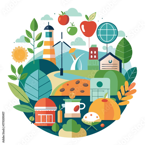 A vibrant illustration depicting a sustainable lifestyle with renewable energy, organic farming, and a cozy coffee culture