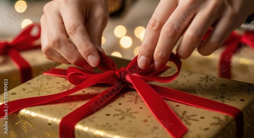 Hands tying a red velvet ribbon bow on a golden gift box with festive lights