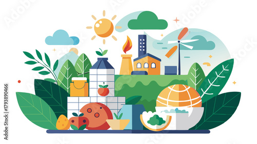 Ecofriendly industry with renewable energy sources like wind turbines and solar power, surrounded by lush greenery and fresh produce, symbolizing sustainability and a healthy environment