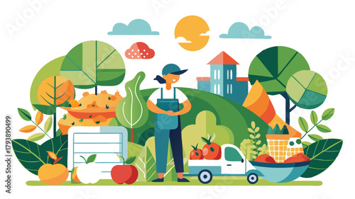 Farmer with fresh produce delivery truck and basket of fruits and vegetables in a stylized landscape with buildings and trees