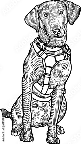Vintage hand drawn sketch of sit black labrador retriever  Ski Patrol dog