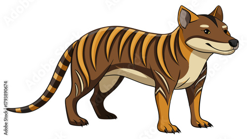 Cartoon illustration of a tasmanian tiger, also known as a thylacine, with distinctive stripes on its back and tail