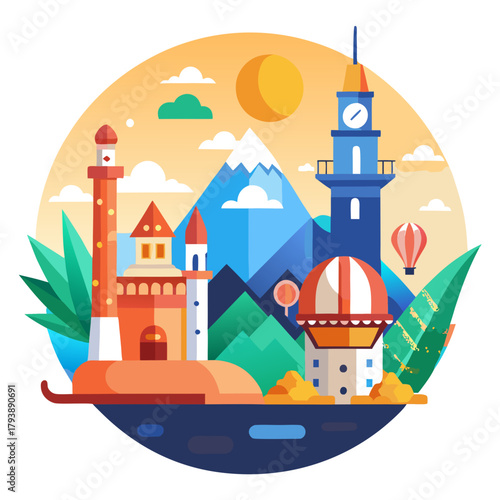 Vibrant flat design illustration of a picturesque cityscape with colorful buildings, lighthouses, mountains, hot air balloon, and lush greenery under a sunny sky