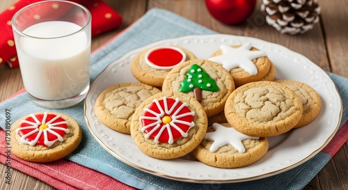 Festive holiday cookies and milk ready for santa claus