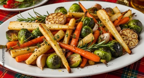 Delicious roasted root vegetables and brussels sprouts with herbs