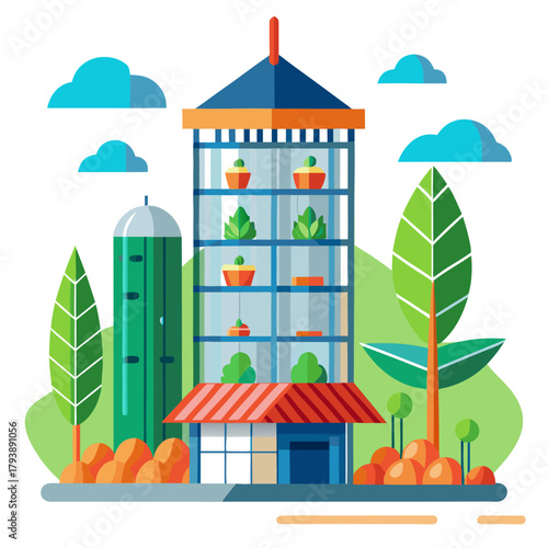 Tall, multistory building designed as a vertical farm, featuring shelves of plants and vegetables, alongside a silo and trees