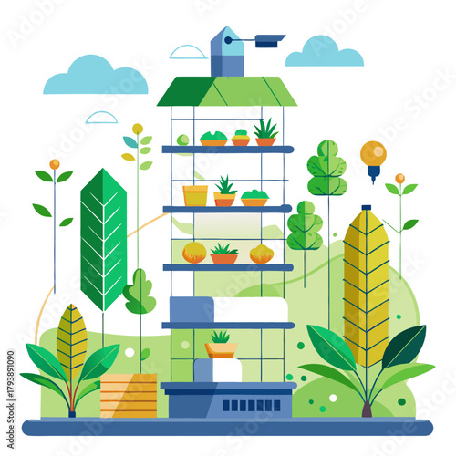 Modern vertical farm with shelves full of plants and vegetables, surrounded by greenery and trees, under a blue sky with clouds