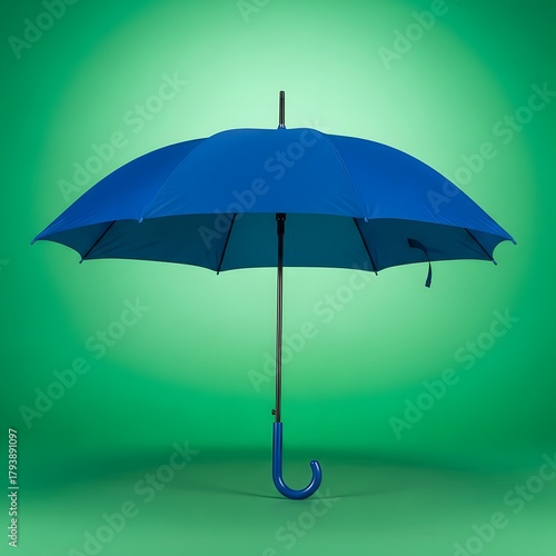 A vibrant blue umbrella with a curved handle standing open against a bright green background, showcasing a simple yet striking design perfect for weather protection or artistic displays