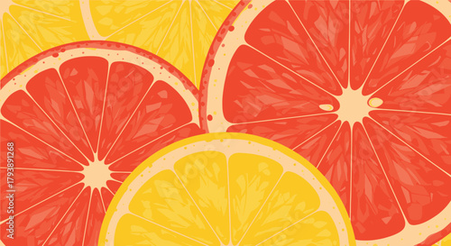 Close-up vector illustration of juicy grapefruit and lemon slices creating a vibrant, fresh, and zesty citrus pattern for a summer background design