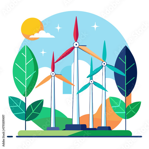 Wind turbines in a field with green leaves and a bright sun, representing renewable energy and a clean environment