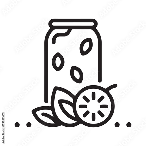 Line art icon of a jar of pickles with mint and lemon
