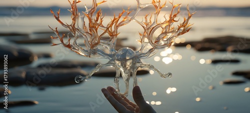 Fototapeta Naklejka Na Ścianę i Meble -  A Beach , a small creature made of glass that is sitting in the palm of your hand,generative AI