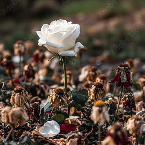A pristine white rose standing tall amidst withered flowers in a natural outdoor setting, symbolizing purity and resilience in the face of decay