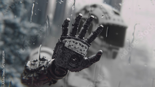 Close-up of a wet robotic hand reaching toward a rain-covered glass surface with a futuristic humanoid robot in the background.