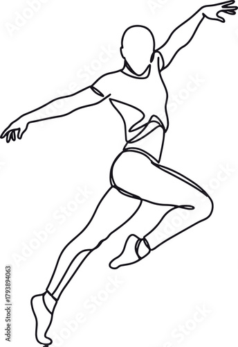 Continuous one line drawing of a graceful dancer in a dynamic jumping pose. Minimalist vector illustration of a performing artist in motion
