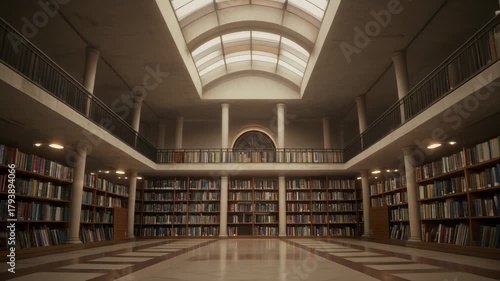 A grand, empty library hall with a high arched skylight, two levels of bookshelves, and classical architectural details.