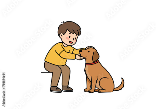 Heartwarming illustration of a happy young boy gently petting his beloved brown dog, depicting a moment of pure affection and the joyful bond between a child and his loyal pet