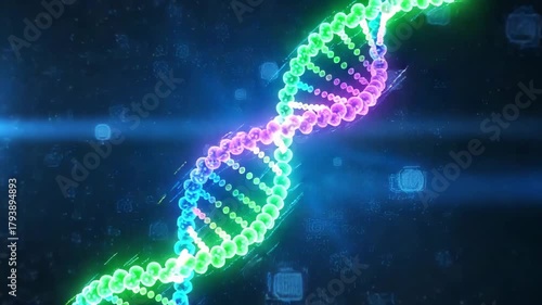 Abstract glowing dna double helix structure with vibrant neon colors on a dark background