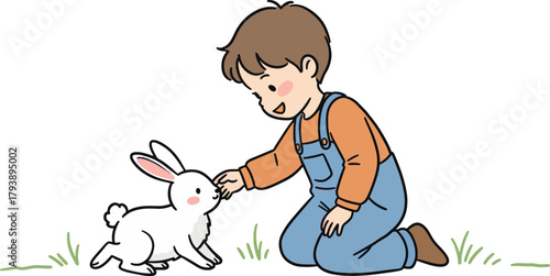 A heartwarming illustration of a young boy in blue overalls gently petting a fluffy white rabbit on a green lawn, depicting a sweet moment of childhood friendship and kindness