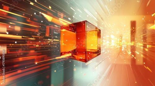 Fototapeta Naklejka Na Ścianę i Meble -  Orange cube in a futuristic tunnel, abstract background, graphic design